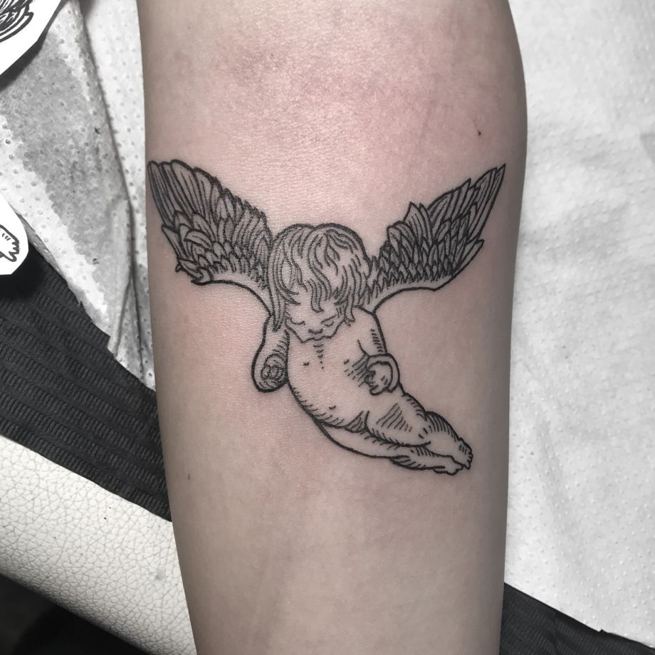 Tatuaje estilo grabado de un ángel